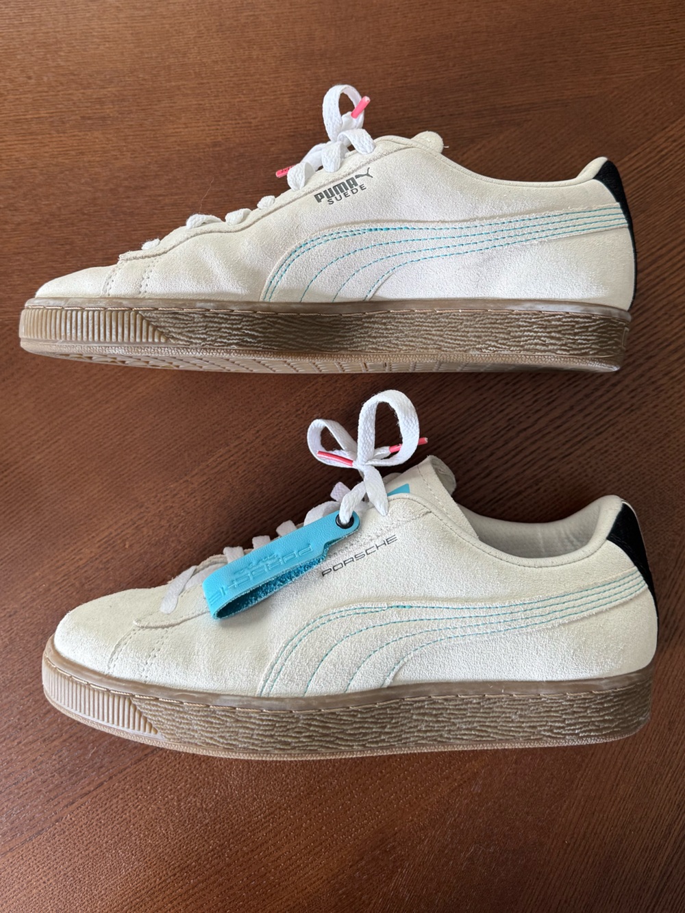 Puma Porsche Legacy Cream Suede Sneakers with Light Blue Stripe Accents